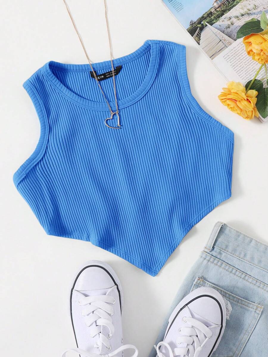 SHEIN EZwear Áo hai dây Bất đối xứng màu trơn Giải trí - Màu xanh lam - Xem 1