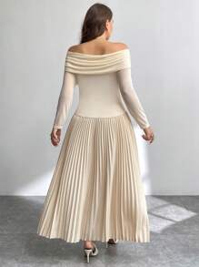 SHEIN Privé Plus Size Elegant Beige Autumn Wedding Guest Commuter Office High-End Date Party Long Sleeve Shoulder Cut Mesh Patchwork A-Line Dress - Apricot - View 3