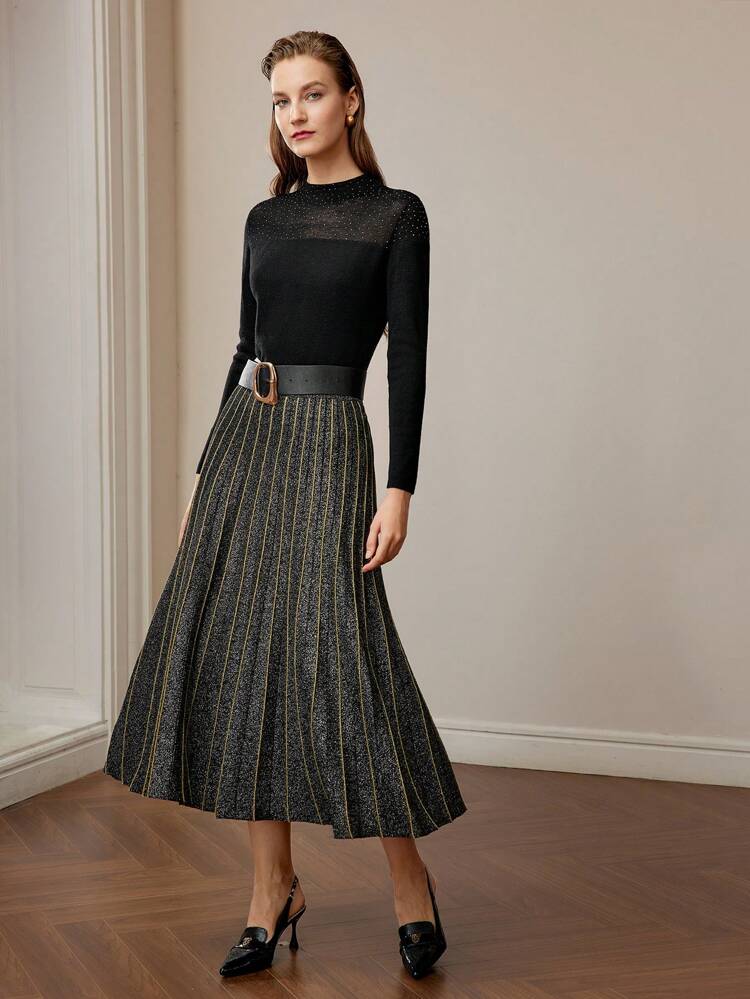 STRIPED PATTERN FLARE KNIT SKIRT WITHOUT BELT