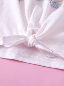 Strawberry Shortcake X SHEIN Kleine Mädchen 2 Stücke/Set Enges Langarm T-Shirt mit Batik-Muster, Erdbeermotiv und Schleife Rundhalsausschnitt