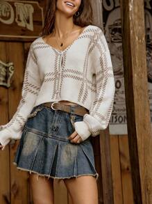 LanaWest Women's Checkered Drop-Shoulder Long Sleeve Front-Tie Cropped Cardigan, Autumn Fall Cloth For Women - Apricot - View 6