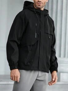 Manfinity Homme Áo khoác trùm đầu có dây rút màu trơn thường ngày cho nam, mùa thu - màu đen - Xem 3