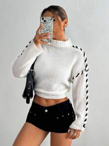 Flirla Women's Contrast Color Crew Neck Casual Long Sleeve White Sweater