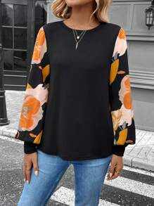 SHEIN LUNE 女式黑色圆领长袖拼布休闲运动衫上衣，秋季 - 黑色 - 查看 6