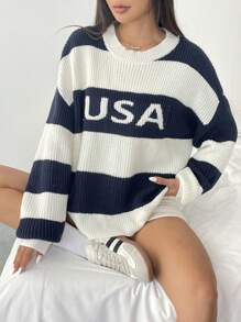 Lunelith SHEIN Lunessa Blusa holgada de cuello redondo con bloques de color y rayas jacquard