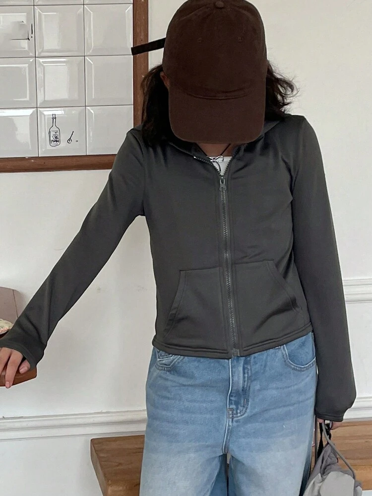 Solid Color Zipper Hooded Top For Tween Girl, For Fall