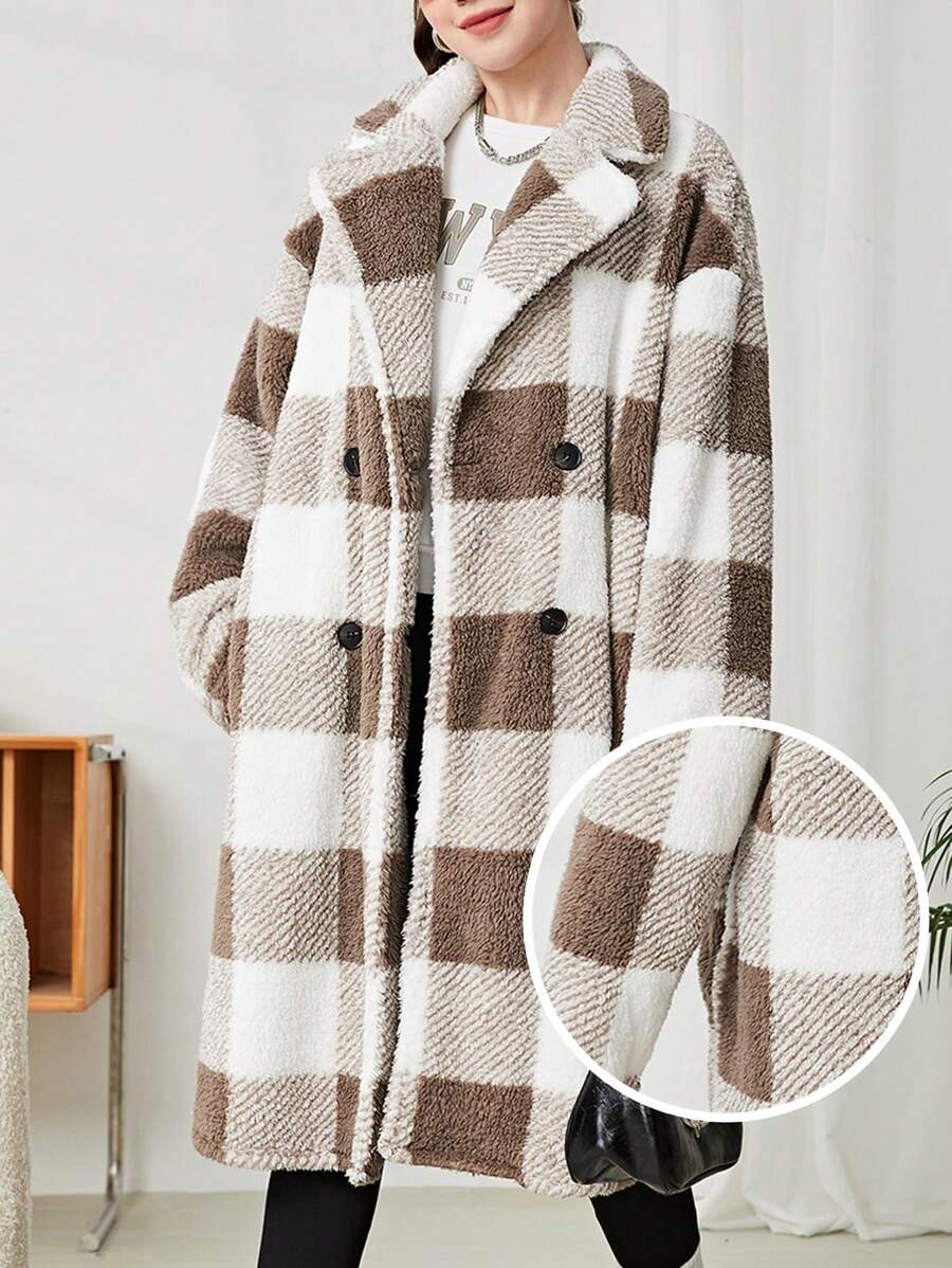 SHEIN Leap Crew 少女双面格子翻领超大蓬松外套 - 棕色 - 查看 1