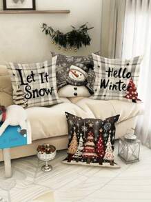 4 件装 18x18 天鹅绒圣诞枕套，雪人和树格子设计，现代拉链抱枕套，适用于客厅沙发、冬季农舍装饰，可机洗涤纶 - 不含枕芯