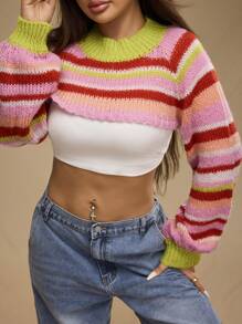 Forever 21 Damen Große Größen bunte gestreifte kurze Rundhals Pullover - Verschiedenfarbig - Übersicht 7