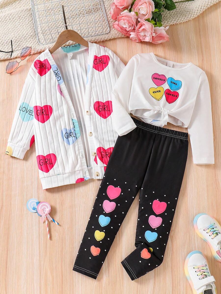 SHEIN Young Girl Casual Cute Heart Print Long Outerwear Coat With Fashionable Knotted Tee And Leggings Set, Autumn - Beige - View 1