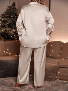 SHEIN Clasi 2pcs Plus Size Casual Front Button Dropped Shoulder Shirt And Pants Set, Autumn