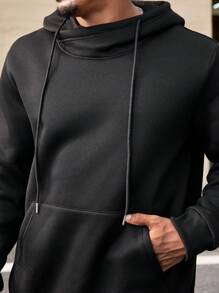 Manfinity Homme 大码男士秋季字母印花长袖抽绳连帽运动衫，带口袋，休闲外出黑色连帽衫，适合朋友、丈夫、男朋友的礼物，男士黑色连帽衫，男士连帽衫，带口袋的黑色连帽衫 - 黑色 - 查看 3