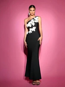 Glamrae Elegant Black One Shoulder Sleeveless White Three-Dimensional Floral High Waist Skirt Mermaid Design Body Shaping Bandage Formal Evening Dress, Prom Gown, For Wedding Guest, Graduation, Dinner