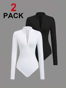 FavEase 2pcs White & Black Mock Neck Zip-Front Long Sleeve Bodysuit Fall Cloth For Women - Multicolor - View 8