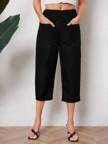 INAWLY Pantalones de mujer y pantalones capri casuales con cintura elástica, bolsillos dobles y corte afinado, pantalones acortados para primavera y otoño - Negro - Ver 5
