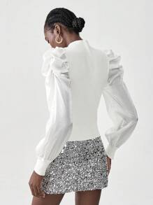 Chiquease Turtleneck Shiny Fabric Balloon Sleeve Form-Fitting Knit Sweater Knit Pullover Fall Winter Outfit