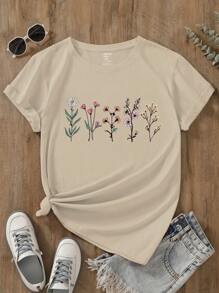 INAWLY Plus Size Floral Print Casual Crew Neck Short Sleeve T-Shirt Graphic Tees Women Tops, For Summer
