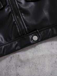 SHEIN 女宝宝厚绒毛领 PU 皮革短夹克外套，保暖冬季外套 - 黑色 - 查看 6