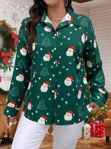 SHEIN LUNE 加大码编织圣诞老人印花绿色衬衫，适合圣诞节女式衬衫 - 綠色 - 查看 6