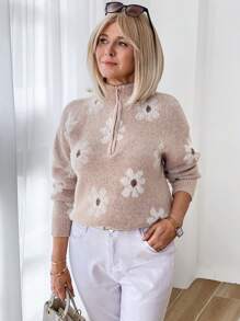 SHEIN LUNE Women's Floral Jacquard V-Neck Long Sleeve Sweater - Multicolor - View 1