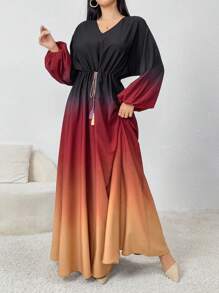 Modelyn 女士 V 领渐变色裹身优雅长袖连衣裙 - 紅色和黑色 - 查看 6