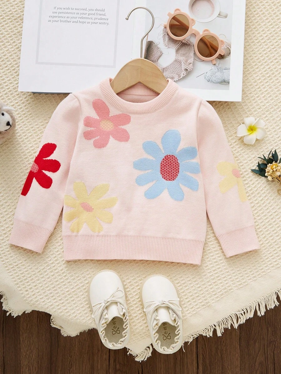 Baby Girls Cozy Knit Floral Print Pullover Sweater, Soft & Warm, Versatile For Daily Wear, Casual, Parties, Autumn/Winter - Pink - View 1