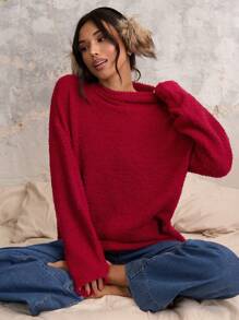 COSMINA Autumn/Winter Women High Neck Long Sleeve Solid Color Casual Red Sweater - Red - View 1