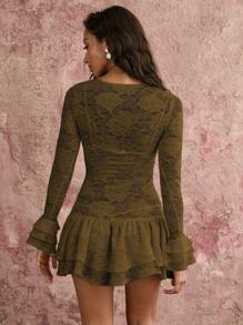 COSMINA Women's Casual Sexy Double Layered Skirt Three-Layered Cuff Ruffle Hollow Out See-Through Rose Lace Mini Dress - Brown - View 2