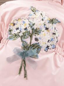 SHEIN 年轻女孩厚连帽棉袄外套，带刺绣图案，保暖保暖内衬，拉链休闲棉袄外套 - 粉色 - 查看 4