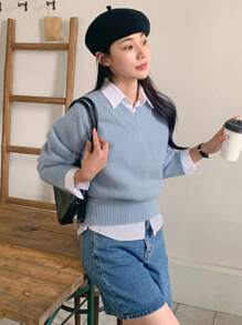 DAZY 女式 V 领宽松长袖纯色毛衣、休闲装、秋装 - 藍色 - 查看 7