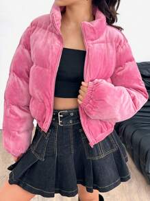 SHEIN Leap Crew Chaqueta de terciopelo retro informal/rosa/para adolescente, adecuada para vacaciones, fiesta, chaqueta acolchada, franela, pana, cremallera de cuarto - Rosa vieja - Ver 1