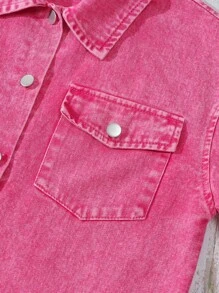 Oversized Vintage Y2K Streetwear Style Distressed Long Denim Jacket With V-Neck Collar For Tween Girl, Fuchsia - Hot Pink - View 6