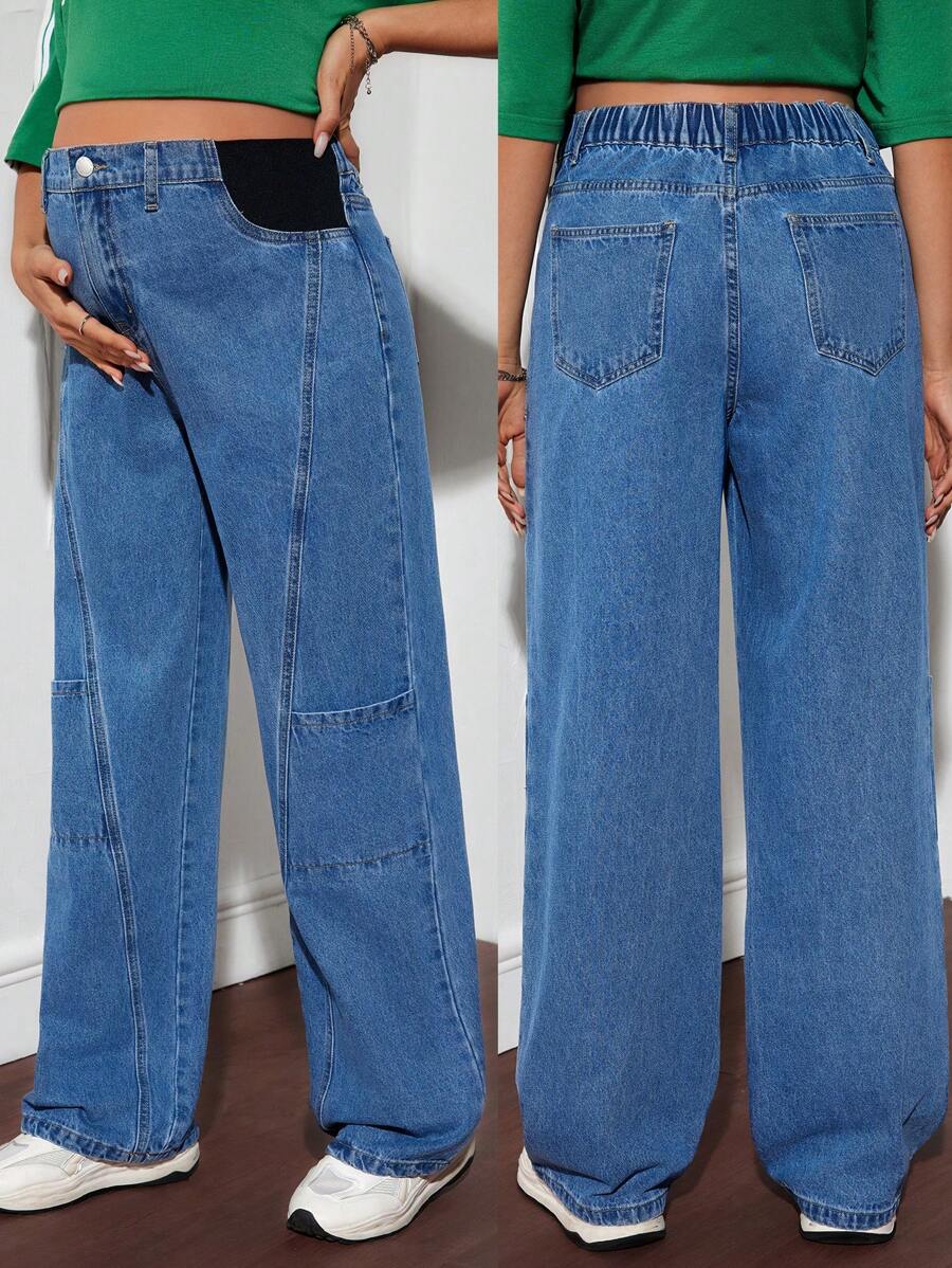 SHEIN Maternity Loose Fit Flared Leg Jeans, Blue - Blue - View 1