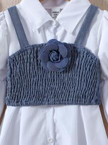 2pcs/Set Girls Fashionable Puff Sleeve Shirt Dress + Casual Flower Strap Vest Outfit, Fall/Winter