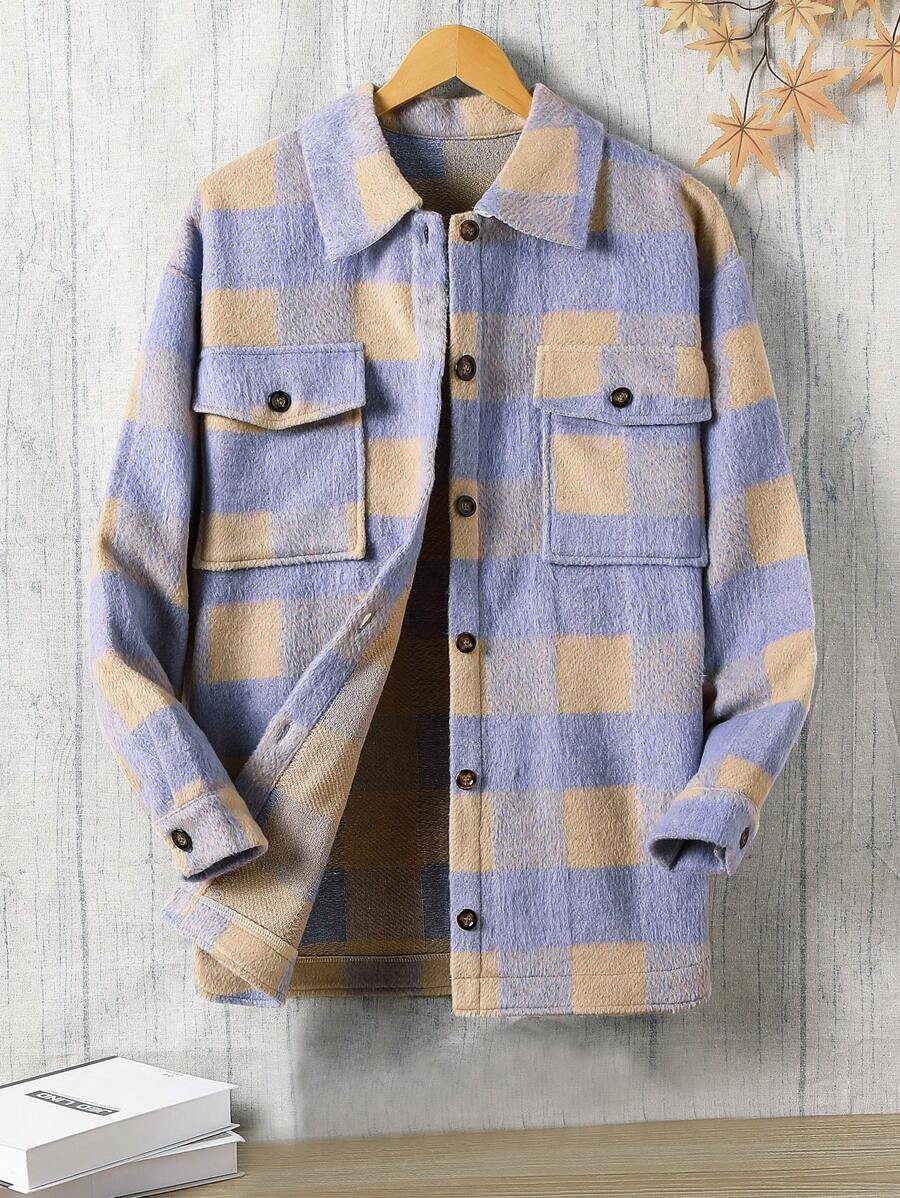 1pc Purple Plaid Brushed Shacket For Teen Girls - Purple - View 1