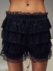 SHEIN Unity 女士黑色多层荷叶边蕾丝迷你 A 字裙裤 - 黑色 - 查看 1