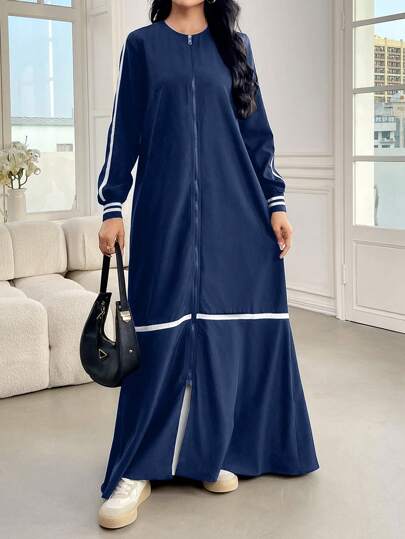 Al Najma 女式拼色前拉链长袖超长休闲阿拉伯朴素连衣裙，休闲运动风，适合日常休闲/工作/返校，超长款阿拉伯长袍朴素连衣裙