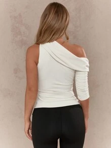 MISSGUIDED Asymmetric Jersey Ruched Neck Off Shoulder Top - Apricot - View 2