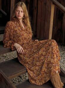 Maija Women's Autumn Long Sleeve V-Neck Floral Print Lantern Sleeve Midi Dress - Multicolor - View 3