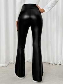 SHEIN LUNE Women's PU Leather Flared Pants For Halloween, Autumn - Black - View 2