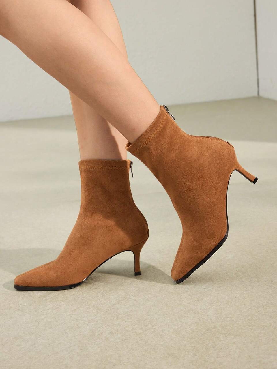 BROWN SUEDE SQUARE TOE HIGH HEEL ANKLE BOOTS FOR WOMEN