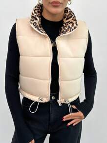 SHEIN PETITE Women Leopard Lined Crop Winter Vest Coat - Beige - View 7