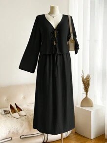 SHEIN Frenchy 2 件大码女式休闲西装，衬衫 + 长裙，亚麻面料，杏色 - 黑色 - 查看 6
