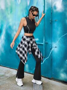 Streetz SHEIN Sport 女士夏季休闲拼布撞色罗纹上衣和开衩喇叭裤运动服套装 - 黑色 - 查看 5