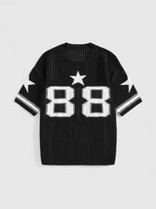 ROMWE Blusa de punto de manga corta con estampado de jacquard de estrellas y números, estilo deportivo - Negro - Ver 1