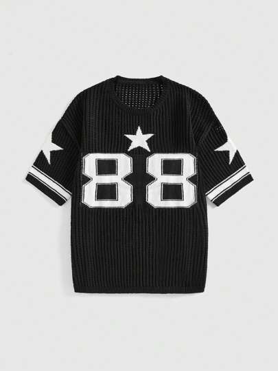 Star & Number Jacquard Pattern Short Sleeve Knit Top, Sporty Style