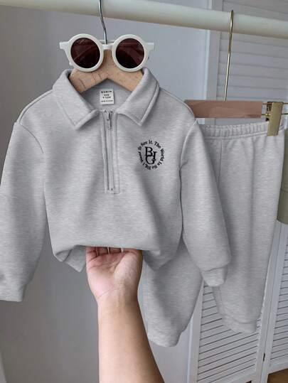 SHEIN 2 件装男婴字母印花高领长袖上衣和裤子套装