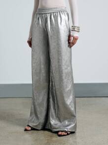 AiiRZ Quần ống rộng dự tiệc bằng da giả kim loại Y2K - Bạc - Xem 1