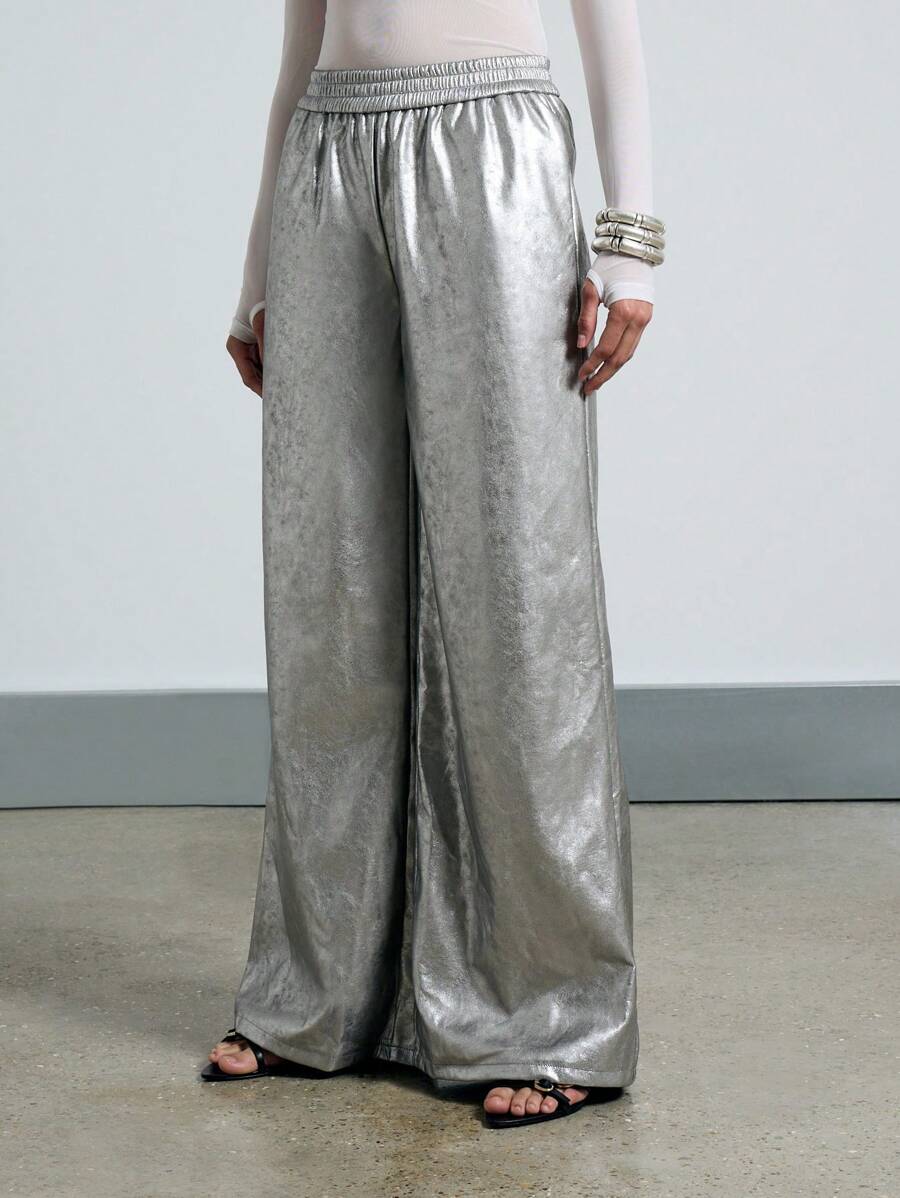 AiiRZ Quần ống rộng dự tiệc bằng da giả kim loại Y2K - Bạc - Xem 1