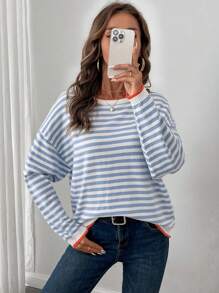 EMERY ROSE LUNE Striped Pattern Contrast Trim Drop Shoulder Sweater,Long Sleeve Tops
